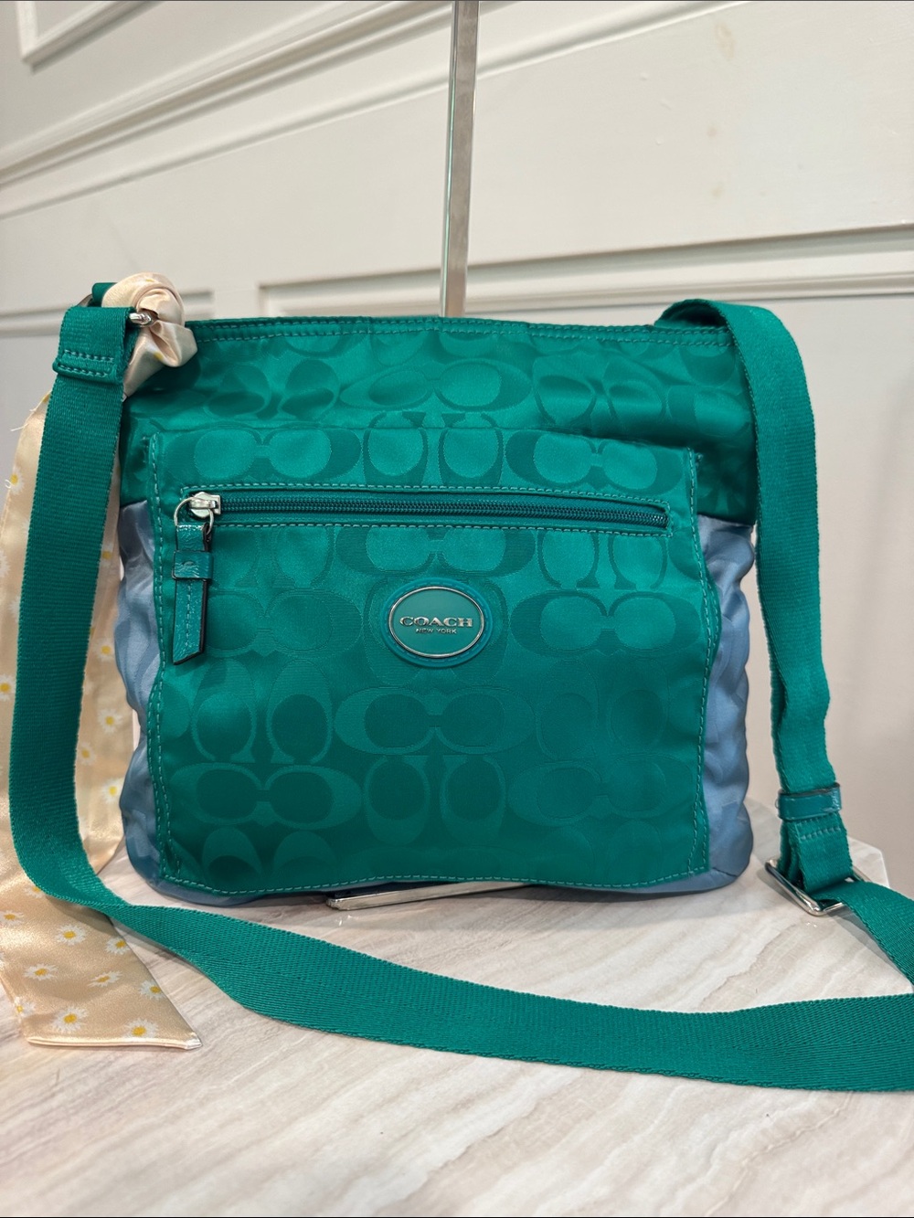 Coach Bag Getaway Green Blue Colorblock  Signature Logo Jacquard Crossbody Bag - Picture 4 of 17